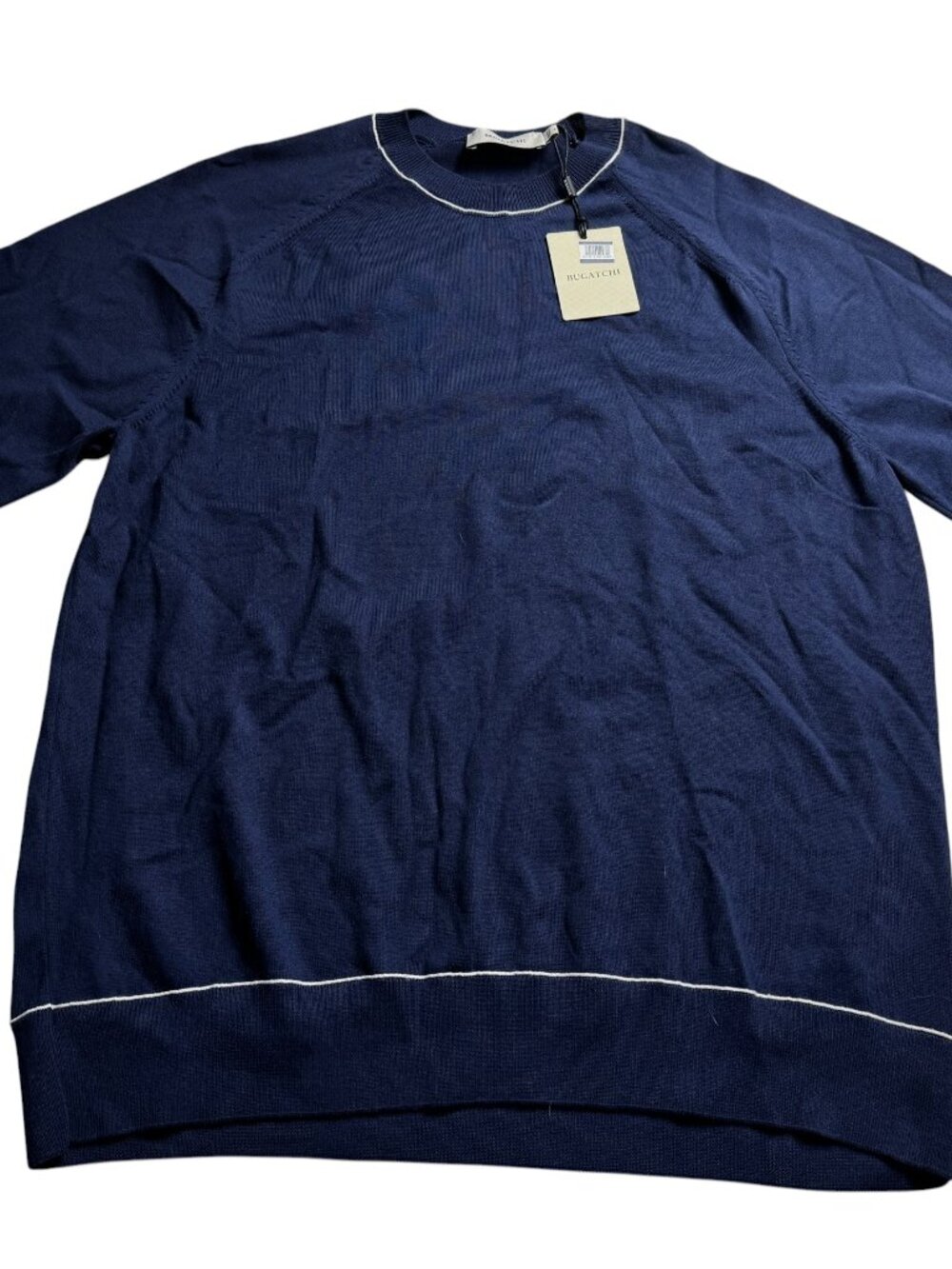 Bugatchi Crewneck Sweater Men's L Navy Blue White Trim Cotton Blend NWT